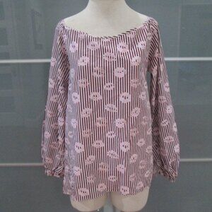 Silvia Tcherassi Long Sleeve Split Back 100% Cotton Striped Lip Print Tunic